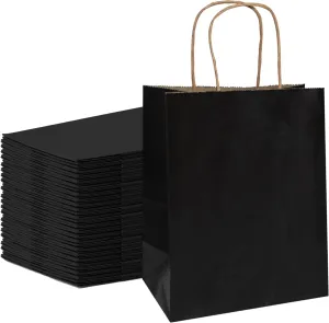 100 Pack Medium 8x4.25x10.5 inch Black Gift Paper Bags with Handles Bulk, Kraft Bags, Craft Grocery Shopping Retail Party Favors Wedding Bags