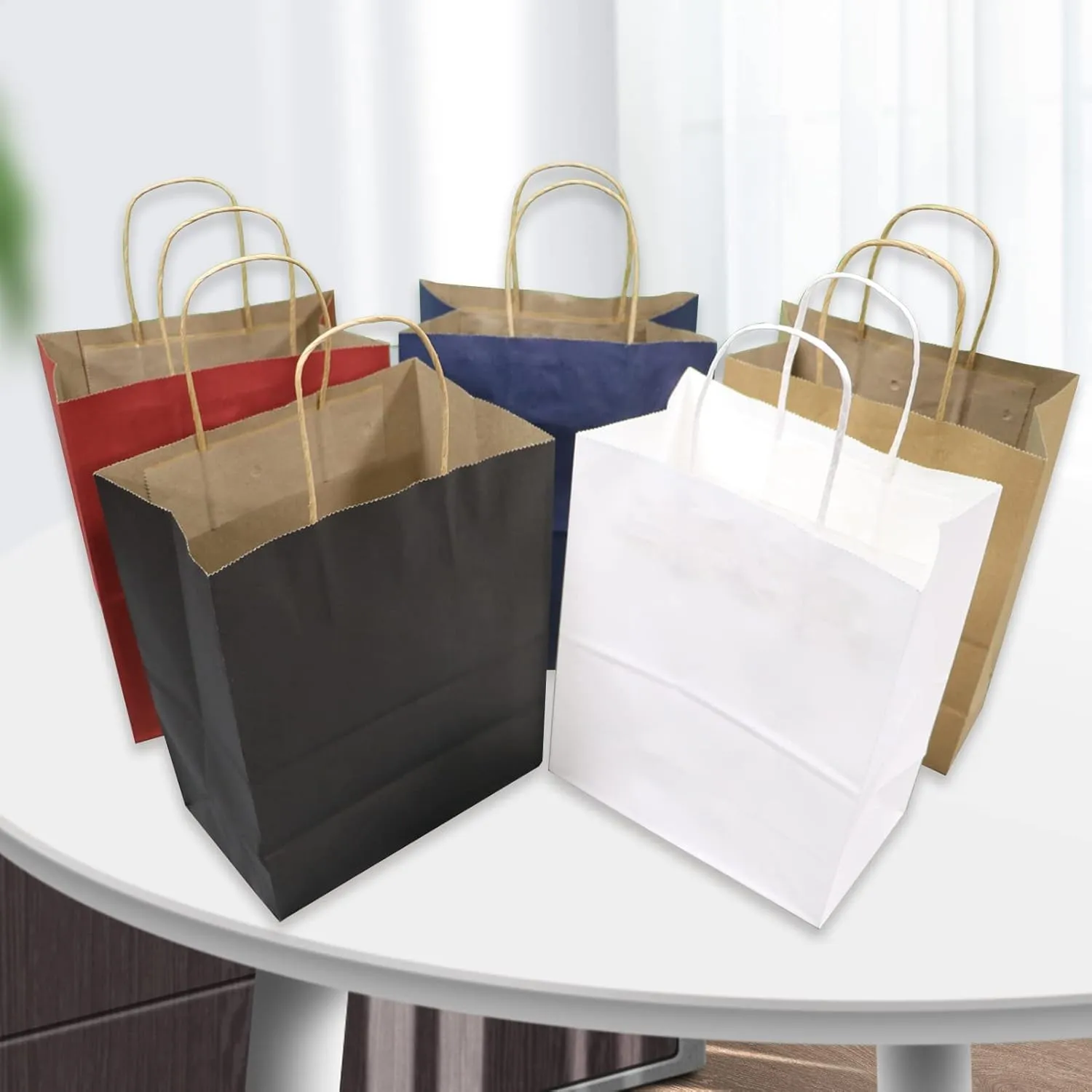100 Pack Medium 8x4.25x10.5 inch Black Gift Paper Bags with Handles Bulk, Kraft Bags, Craft Grocery Shopping Retail Party Favors Wedding Bags