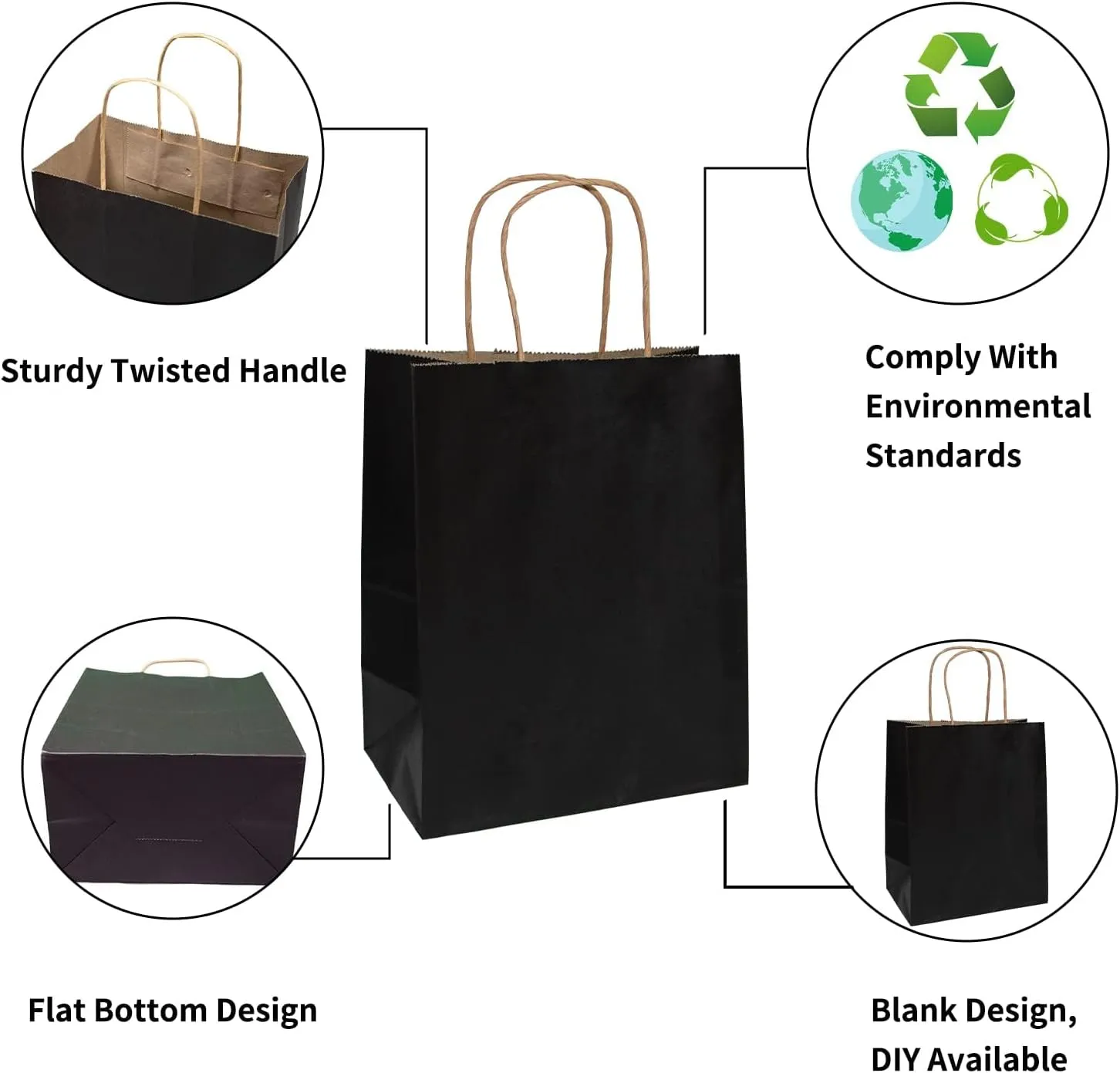 100 Pack Medium 8x4.25x10.5 inch Black Gift Paper Bags with Handles Bulk, Kraft Bags, Craft Grocery Shopping Retail Party Favors Wedding Bags