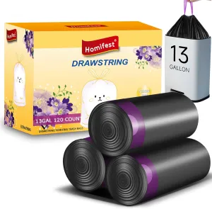 13 Gallon Drawstring Trash Bags,120 Count Black
