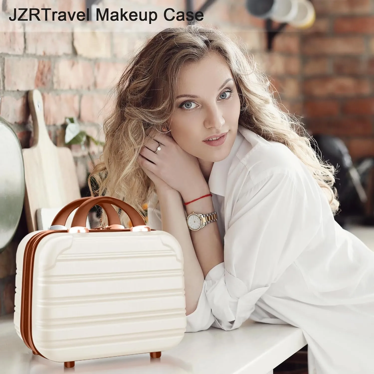14 inch Hard Shell Makeup Train Case Portable PC ABS Mini Suitcase for Organizer Cosmetics Makeup Brushes Toiletry Beige