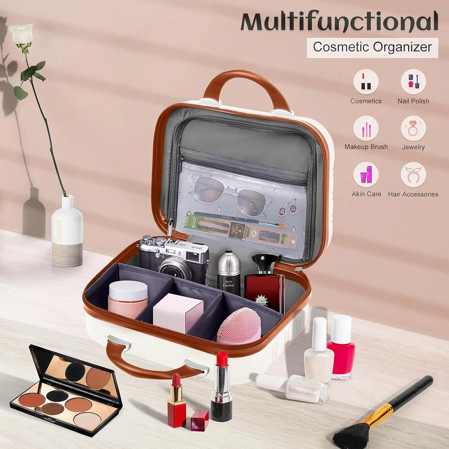 14 inch Hard Shell Makeup Train Case Portable PC ABS Mini Suitcase for Organizer Cosmetics Makeup Brushes Toiletry Beige
