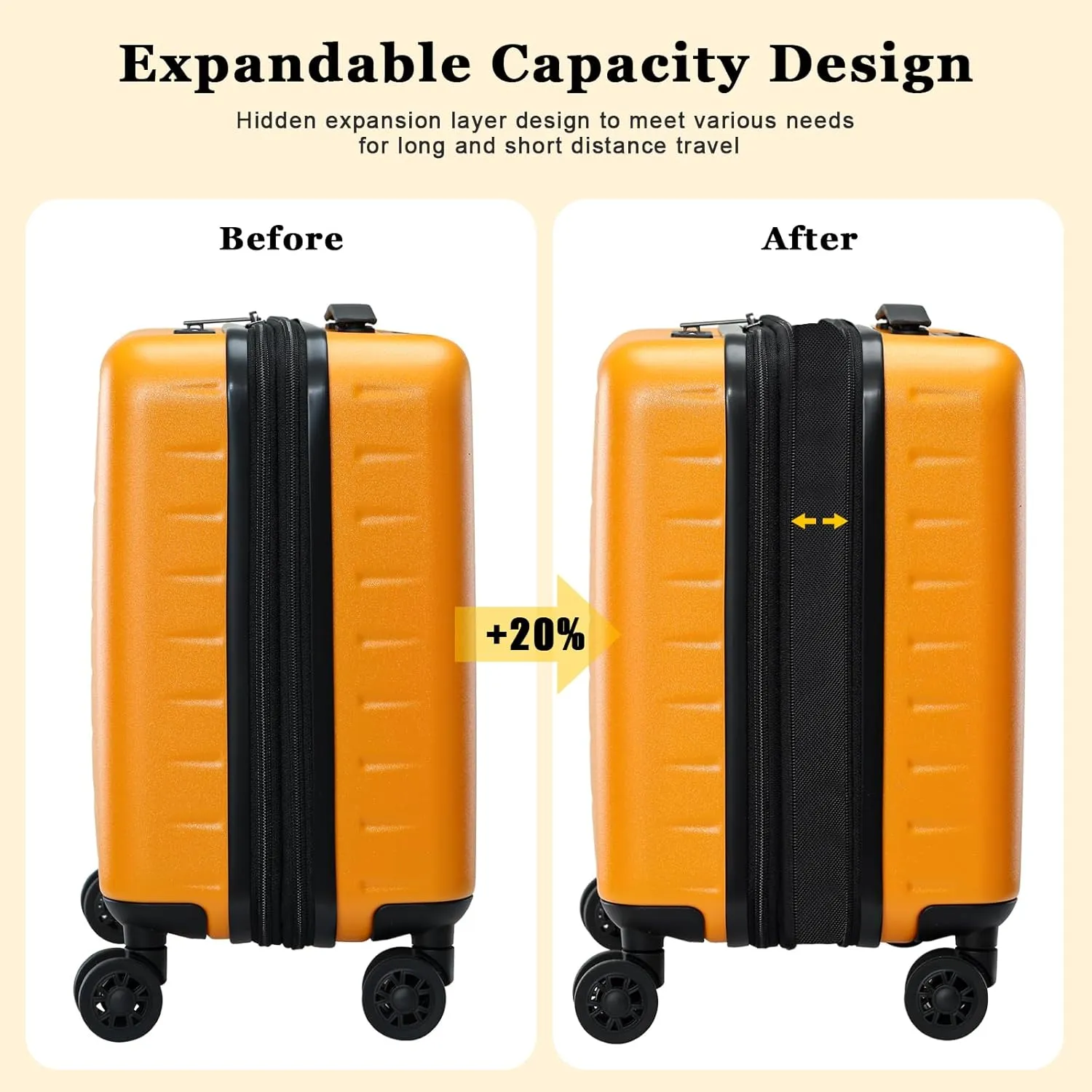 16 Inch Carry On Luggage Airline Approved, Expandable Lightweight ABS PC Hard Shell Suitcases with 360° Spinner Wheels, TSA Lock, YKK Zippers (Orange, 1 PC)