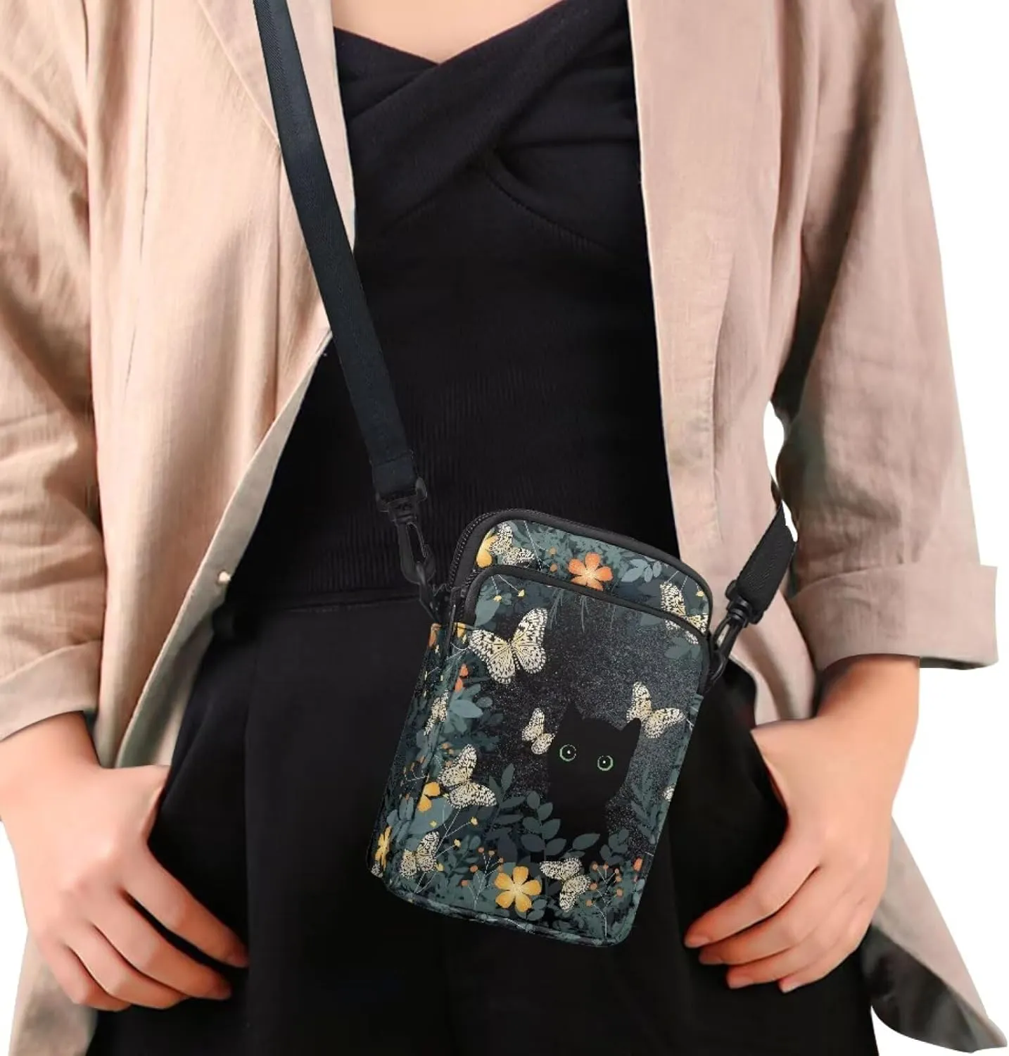 2 Layer Cat Print Crossbody Bags Polyester Shoulder Sling Bag Purses Waist Pouch for Women