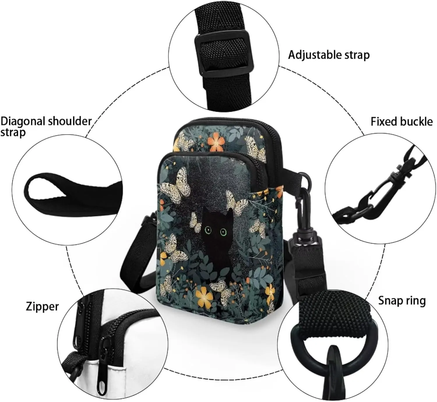 2 Layer Cat Print Crossbody Bags Polyester Shoulder Sling Bag Purses Waist Pouch for Women