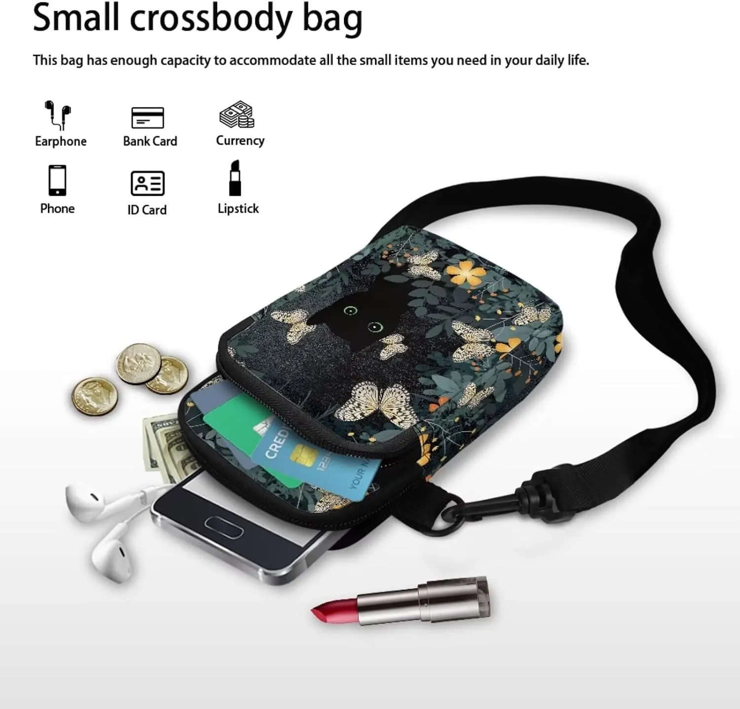 2 Layer Cat Print Crossbody Bags Polyester Shoulder Sling Bag Purses Waist Pouch for Women