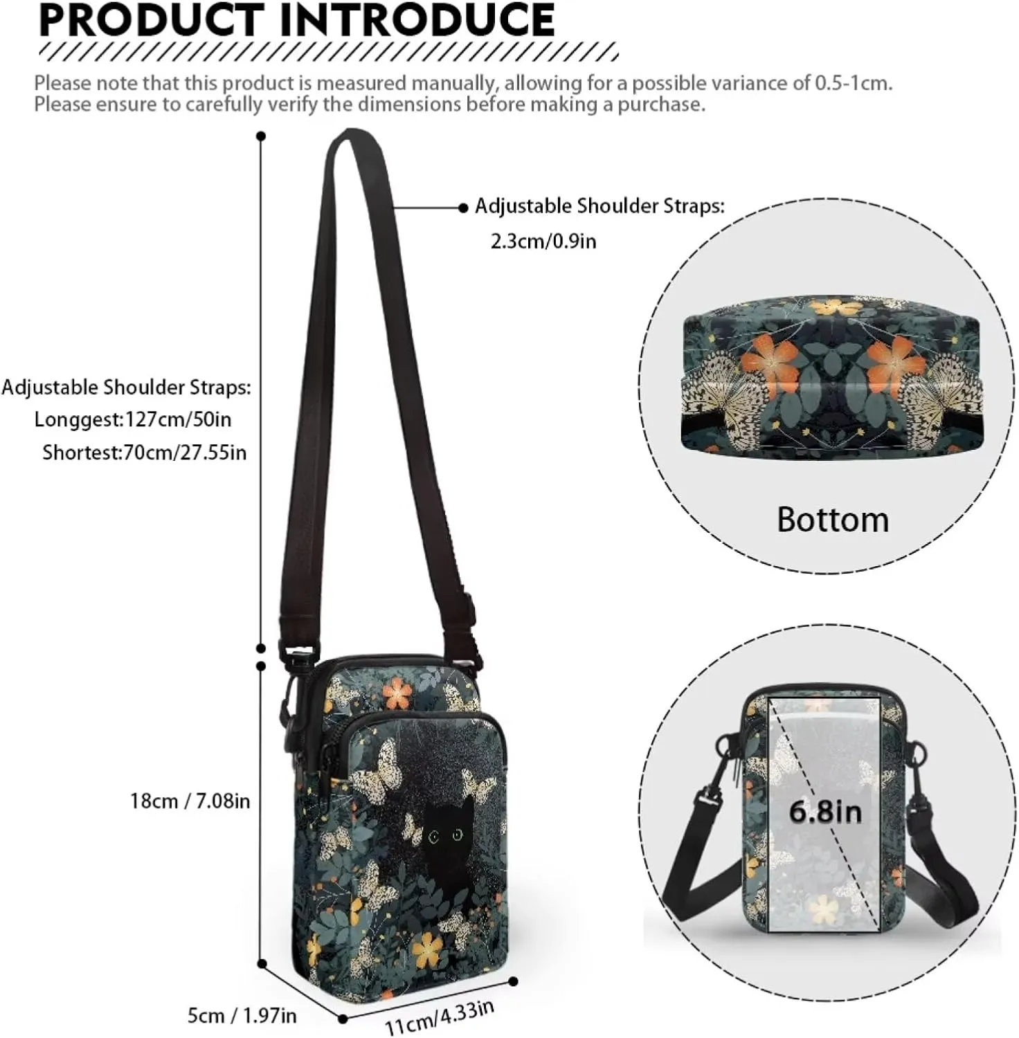 2 Layer Cat Print Crossbody Bags Polyester Shoulder Sling Bag Purses Waist Pouch for Women