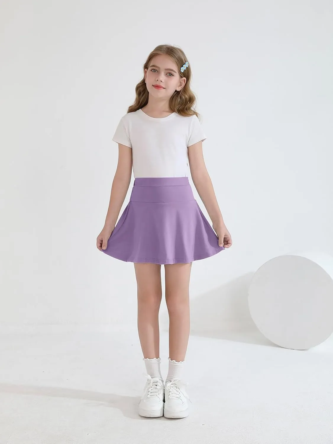 2 Pack Girls Skirts Elastic Flared Plain Tennis Skater Skirts with Built-in Shorts Kids Active Flowy Skorts