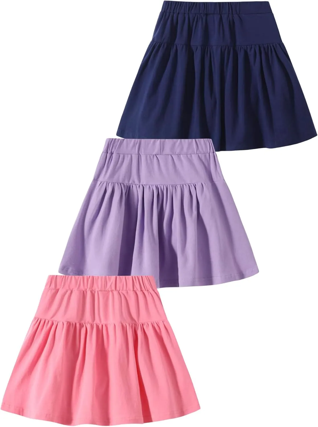 2 Pack Girls Skirts Elastic Flared Plain Tennis Skater Skirts with Built-in Shorts Kids Active Flowy Skorts