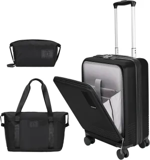 20 inch Small Carry On Luggage Front Open with Laptop Pocket, ABS PC Hard Shell Suitcase with Spinner Wheels TSA Lock & YKK Zipper, 20in/Toiletry Bag/Handbag, Black
