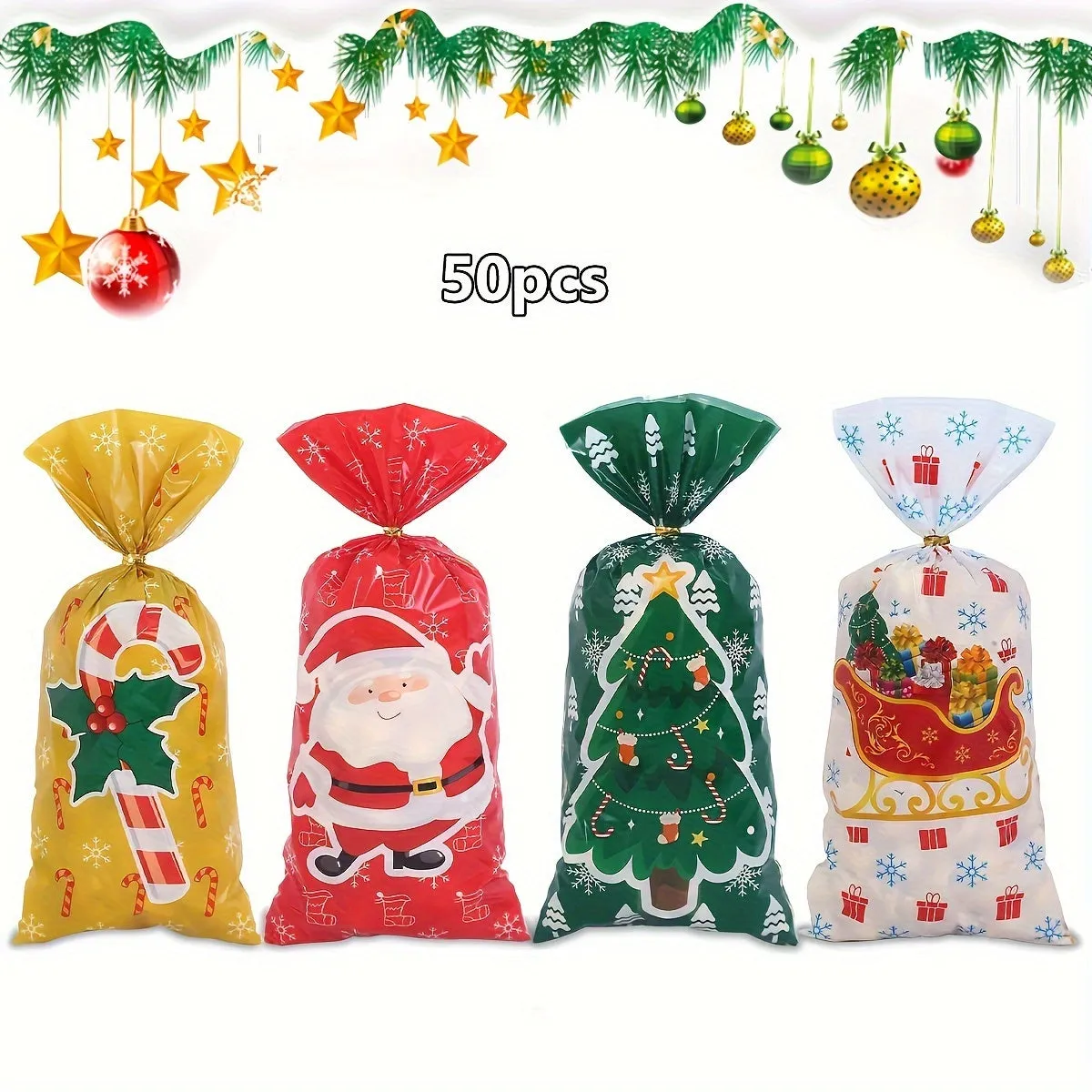 25/50pcs, 50 Christmas Gift Bags with Ribbons, Including Christmas Trees and Santa Claus Holiday Party Gift Bags, Suitable for Various Patterns of Party Gifts, Candies, and Gifts