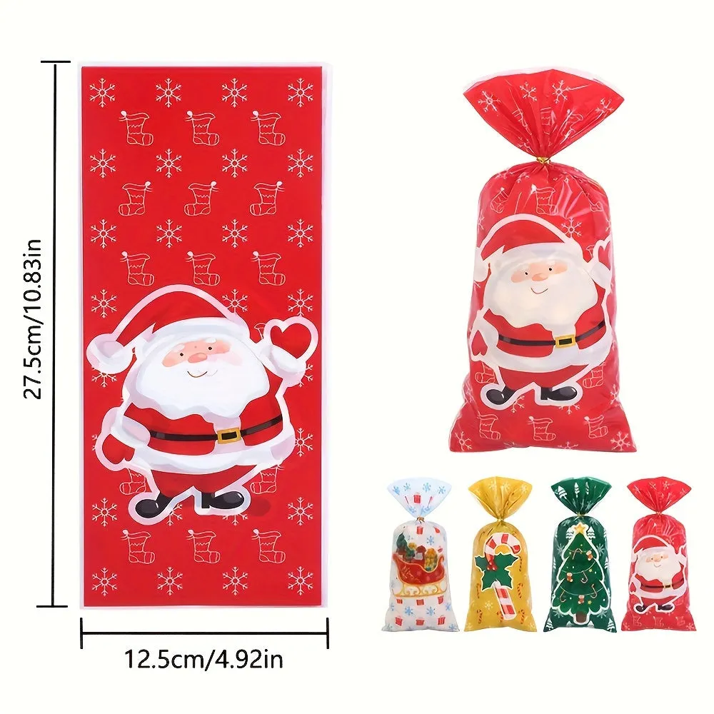 25/50pcs, 50 Christmas Gift Bags with Ribbons, Including Christmas Trees and Santa Claus Holiday Party Gift Bags, Suitable for Various Patterns of Party Gifts, Candies, and Gifts