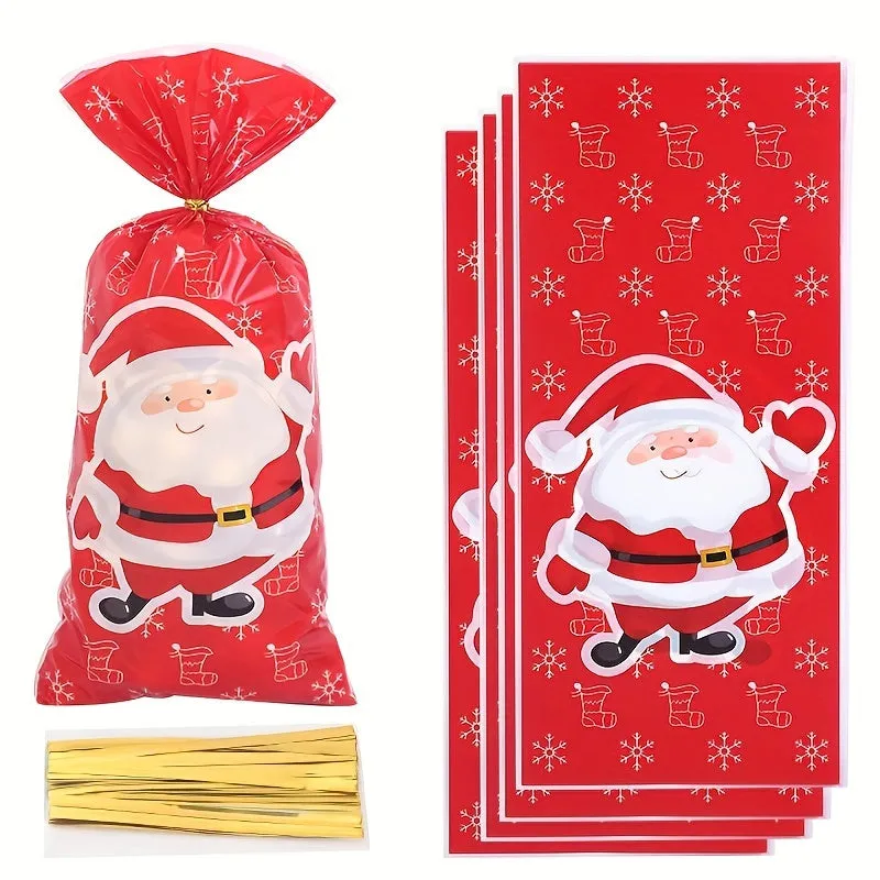 25/50pcs, 50 Christmas Gift Bags with Ribbons, Including Christmas Trees and Santa Claus Holiday Party Gift Bags, Suitable for Various Patterns of Party Gifts, Candies, and Gifts
