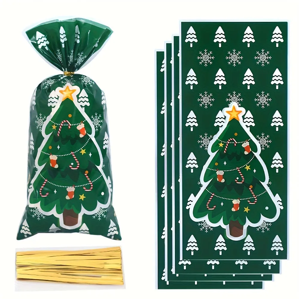 25/50pcs, 50 Christmas Gift Bags with Ribbons, Including Christmas Trees and Santa Claus Holiday Party Gift Bags, Suitable for Various Patterns of Party Gifts, Candies, and Gifts