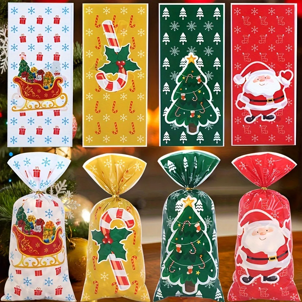 25/50pcs, 50 Christmas Gift Bags with Ribbons, Including Christmas Trees and Santa Claus Holiday Party Gift Bags, Suitable for Various Patterns of Party Gifts, Candies, and Gifts