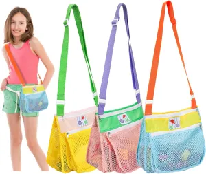 3 Pack Beach Toy Mesh Beach Bag, Multi-Color Sand Toys Storage Tote Bags, Sea Shell Collecting Bag with Adjustable Carrying Straps and Zipper for Swimming Gifts (3 Styles)