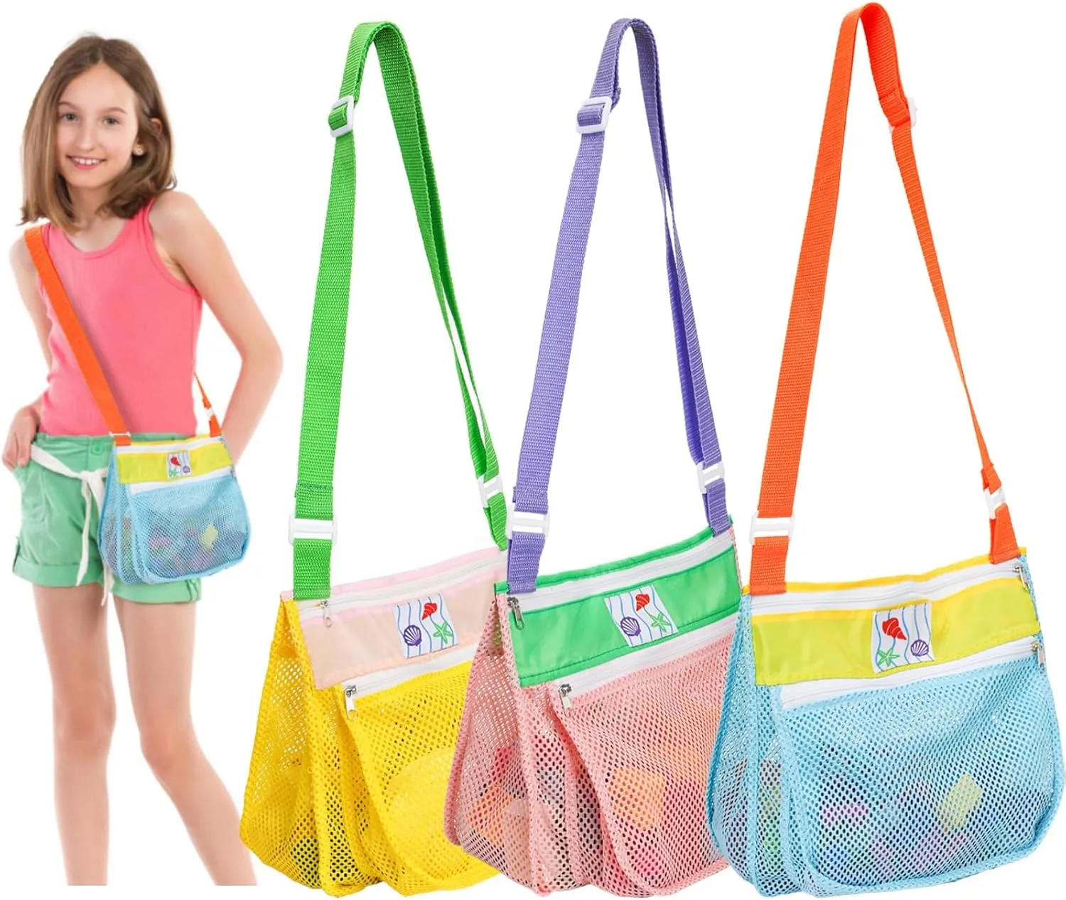 3 Pack Beach Toy Mesh Beach Bag, Multi-Color Sand Toys Storage Tote Bags, Sea Shell Collecting Bag with Adjustable Carrying Straps and Zipper for Swimming Gifts (3 Styles)