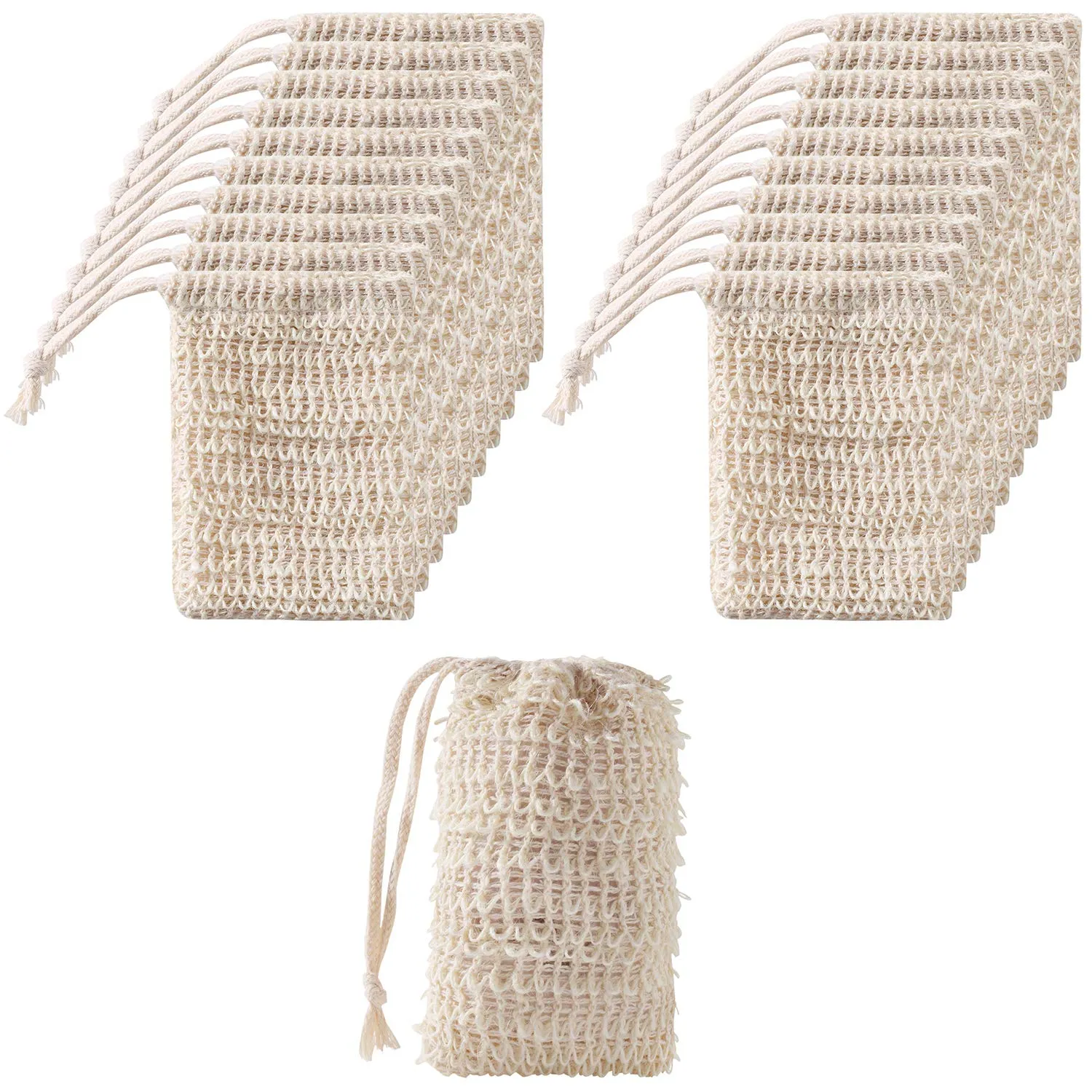 30 Pack Soap Exfoliating Bag Pouch Soap Saver Natural Ramie Soap Bag Hand Made Soap Bag Mesh Soap with Drawstring for Bath & Shower Use