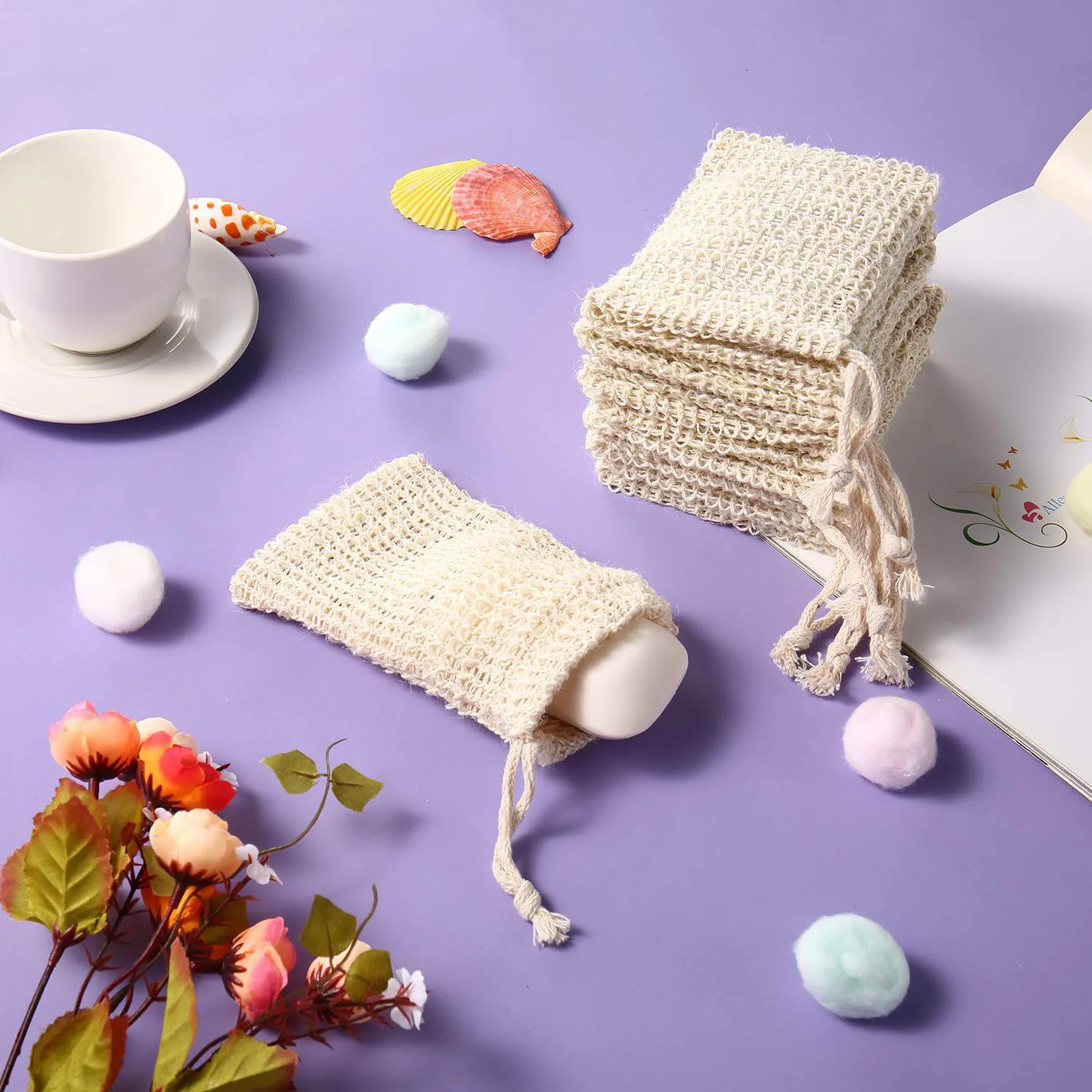 30 Pack Soap Exfoliating Bag Pouch Soap Saver Natural Ramie Soap Bag Hand Made Soap Bag Mesh Soap with Drawstring for Bath & Shower Use