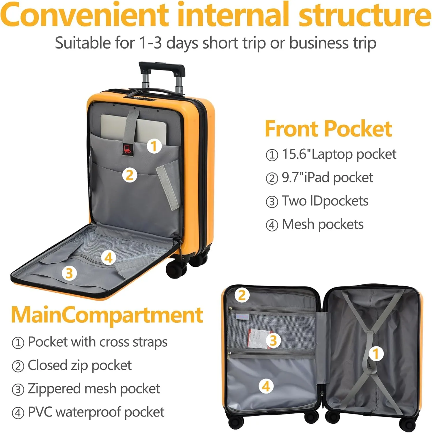 3Pcs (20/24/28) Luggage Set, HardShell Lightweight, Only 20" with Front Pocket, 21.65*15.35*7.87" Fits Overhead Cabin, 24" (26*17.7*10.2") and 28" (19.68*11.81*29.92") Checked Luggage, Orange