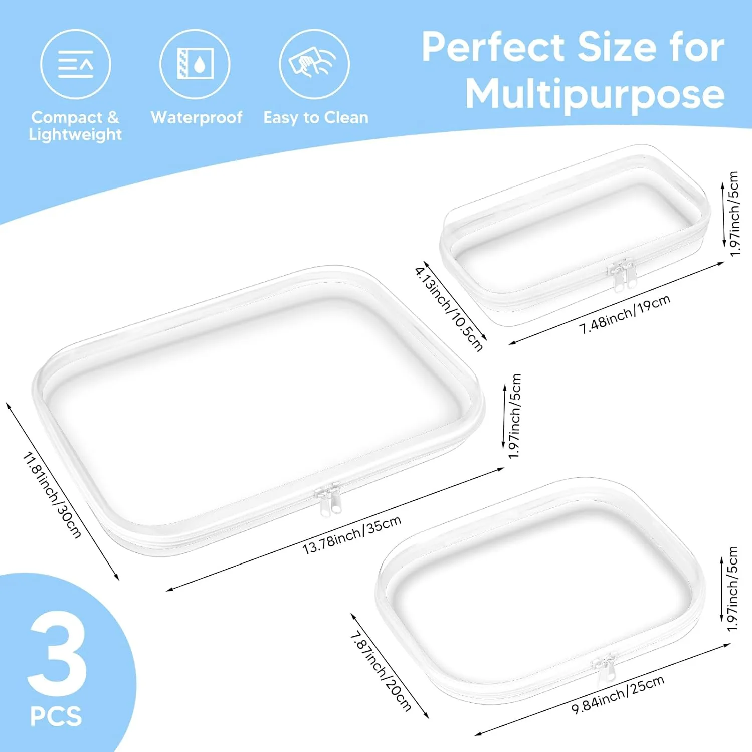 3PCS Clear Hard Shell Zipper Case for Storage, Portable Waterproof Cosmetic Bag with Zipper, Plastic Clear Pencil Case, Toiletry Pouch, Travel Organizer, Toy Storage Bins