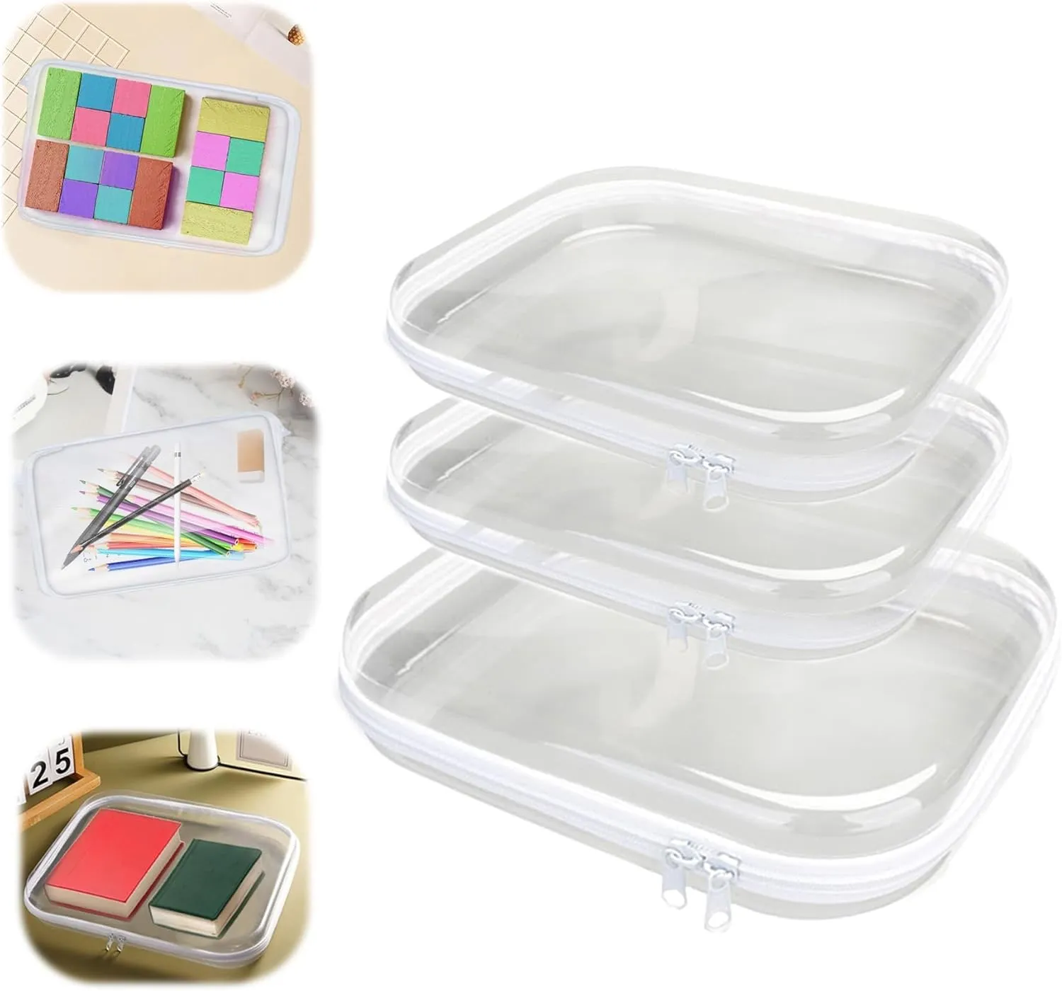 3PCS Zippered Transparent Cases for Snacks,Portable Waterproof Cosmetic Bag with Zipper,Clear Hard Shell Zipper Case for Cosmetic Storage, Putting Snacks, Pencil Case