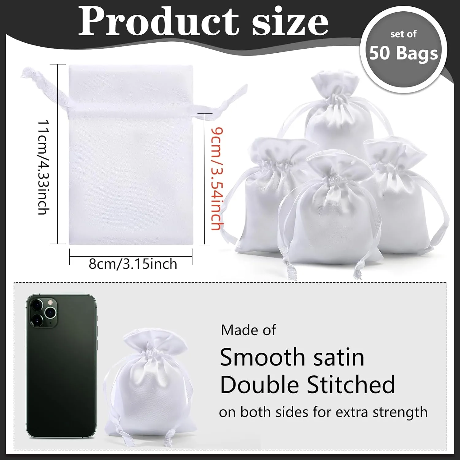 50 Pieces 3 x 4 Satin Bags with Drawstring Gift Pouch Mini Jewelry Small Wedding Favor Bags Smooth Soft Satin Fabric Candy Pouches for Baby Shower Decoration(White)