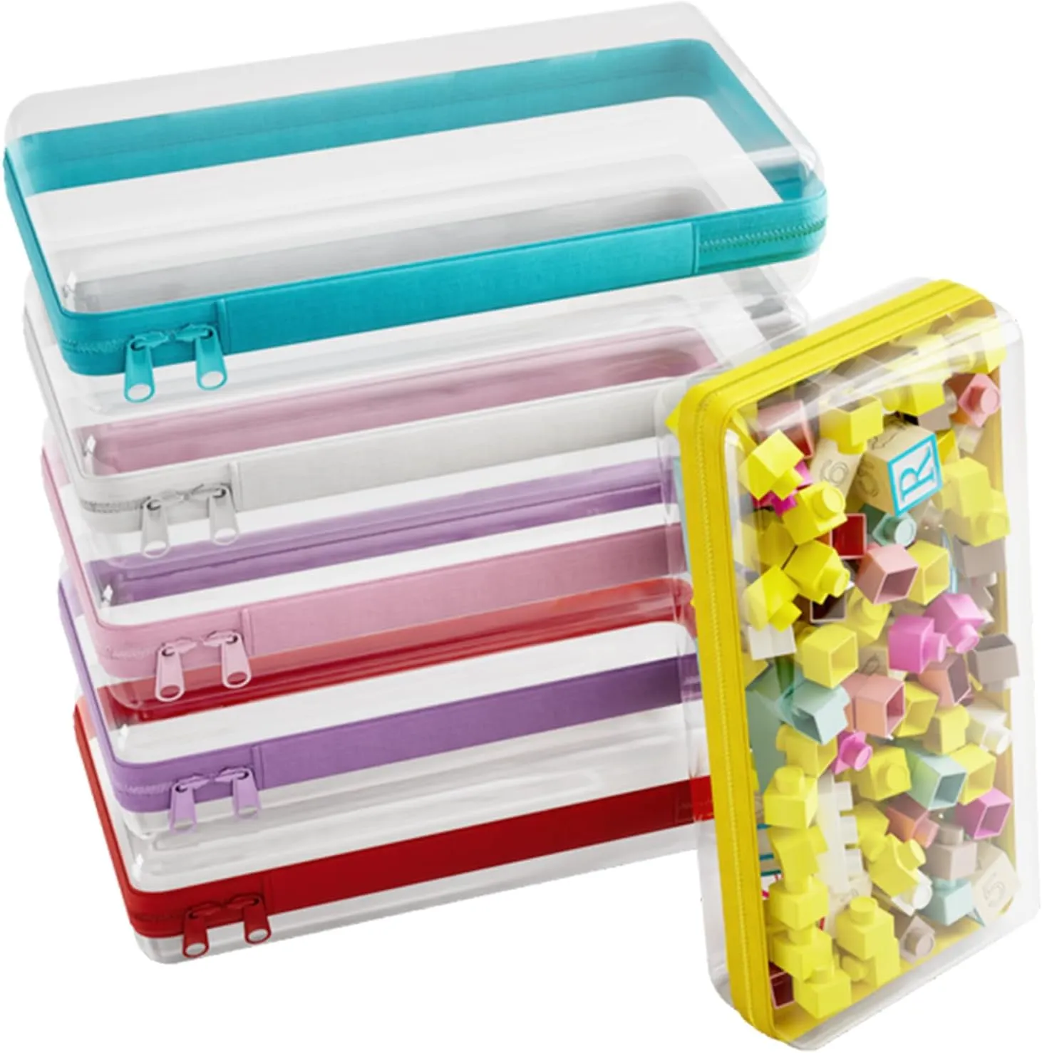 6 Pcs Clear Hard Zipper Case Hard-Sided Premium Storage Case Plastic Clear Hard Shell Zipper Pouch Portable Travel Organizer Box for Building Blocks Puzzles Cosmetics Makeup Pencil (S)