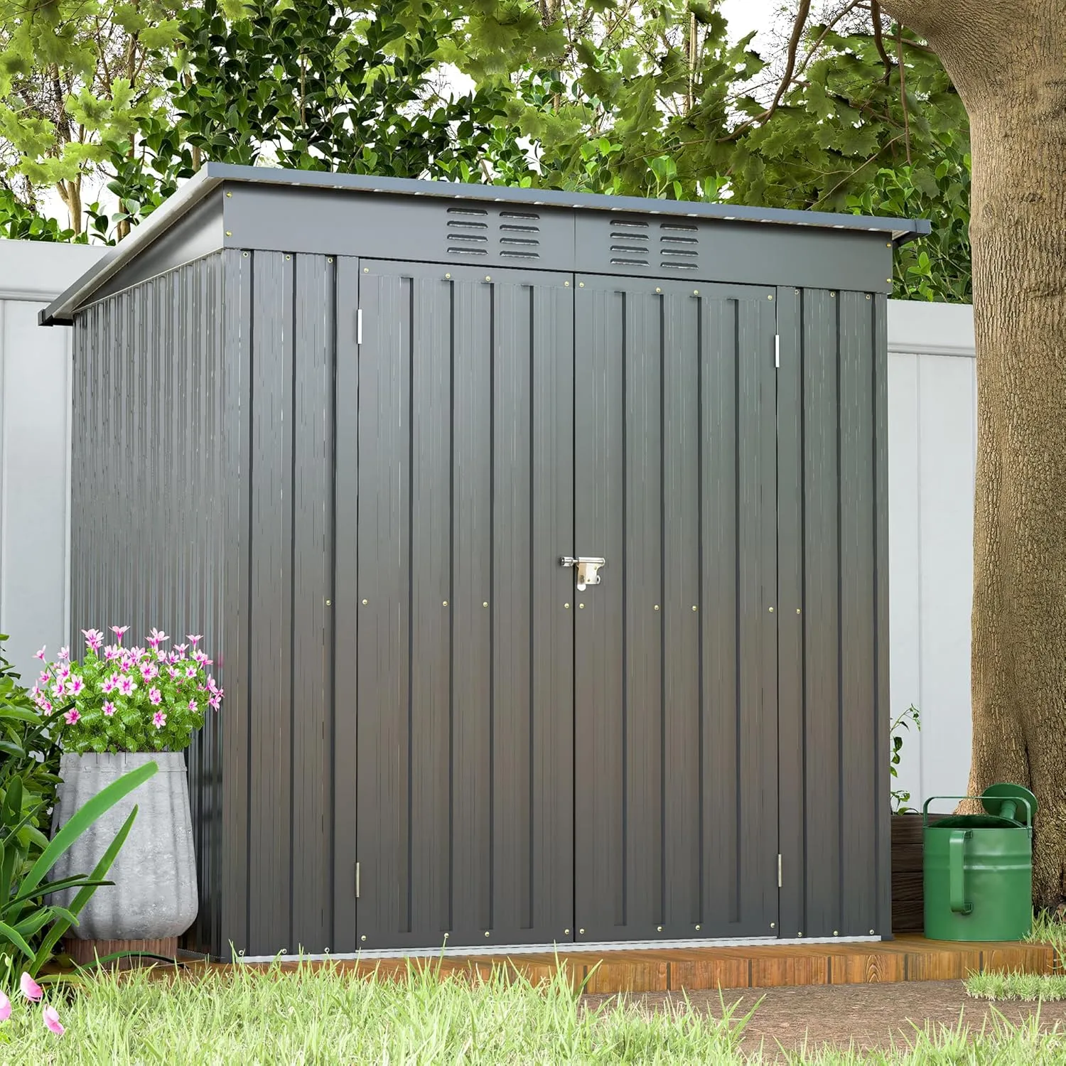 6 x 4 FT Outdoor Storage Shed, Metal Garden Shed with Floor Frame, Small Tool Shed Outdoor Storage with Lockable Sliding Doors & Air Vents, Storage House Waterproof for Backyard, Lawn, Black