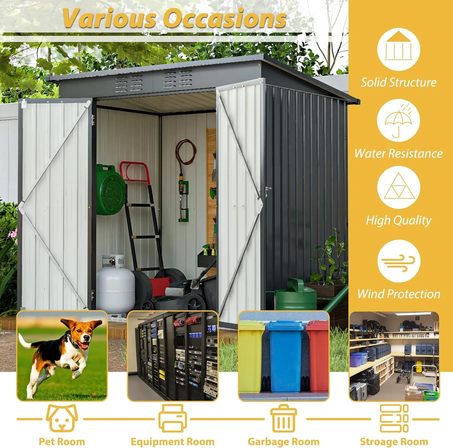 6 x 4 FT Outdoor Storage Shed, Metal Garden Shed with Floor Frame, Small Tool Shed Outdoor Storage with Lockable Sliding Doors & Air Vents, Storage House Waterproof for Backyard, Lawn, Black