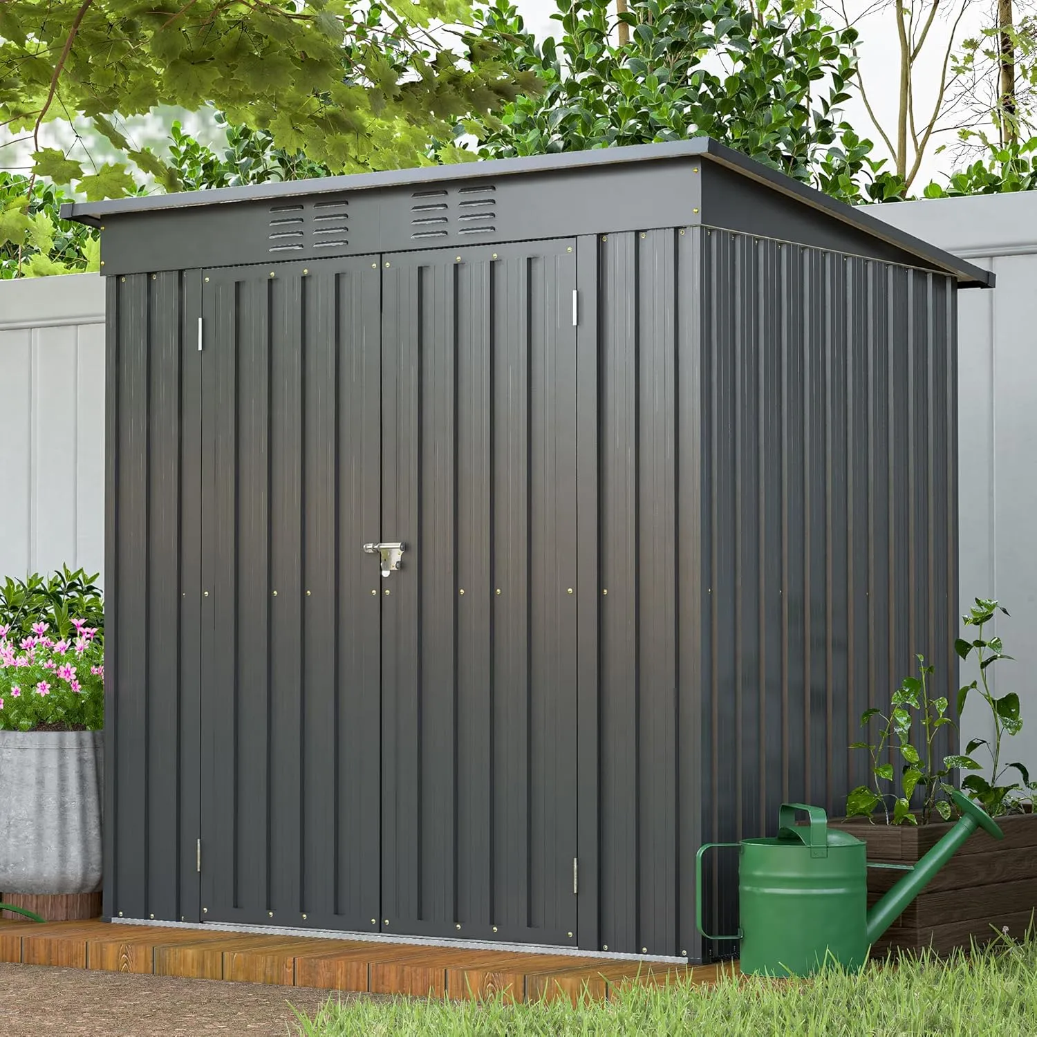 6 x 4 FT Outdoor Storage Shed, Metal Garden Shed with Floor Frame, Small Tool Shed Outdoor Storage with Lockable Sliding Doors & Air Vents, Storage House Waterproof for Backyard, Lawn, Black