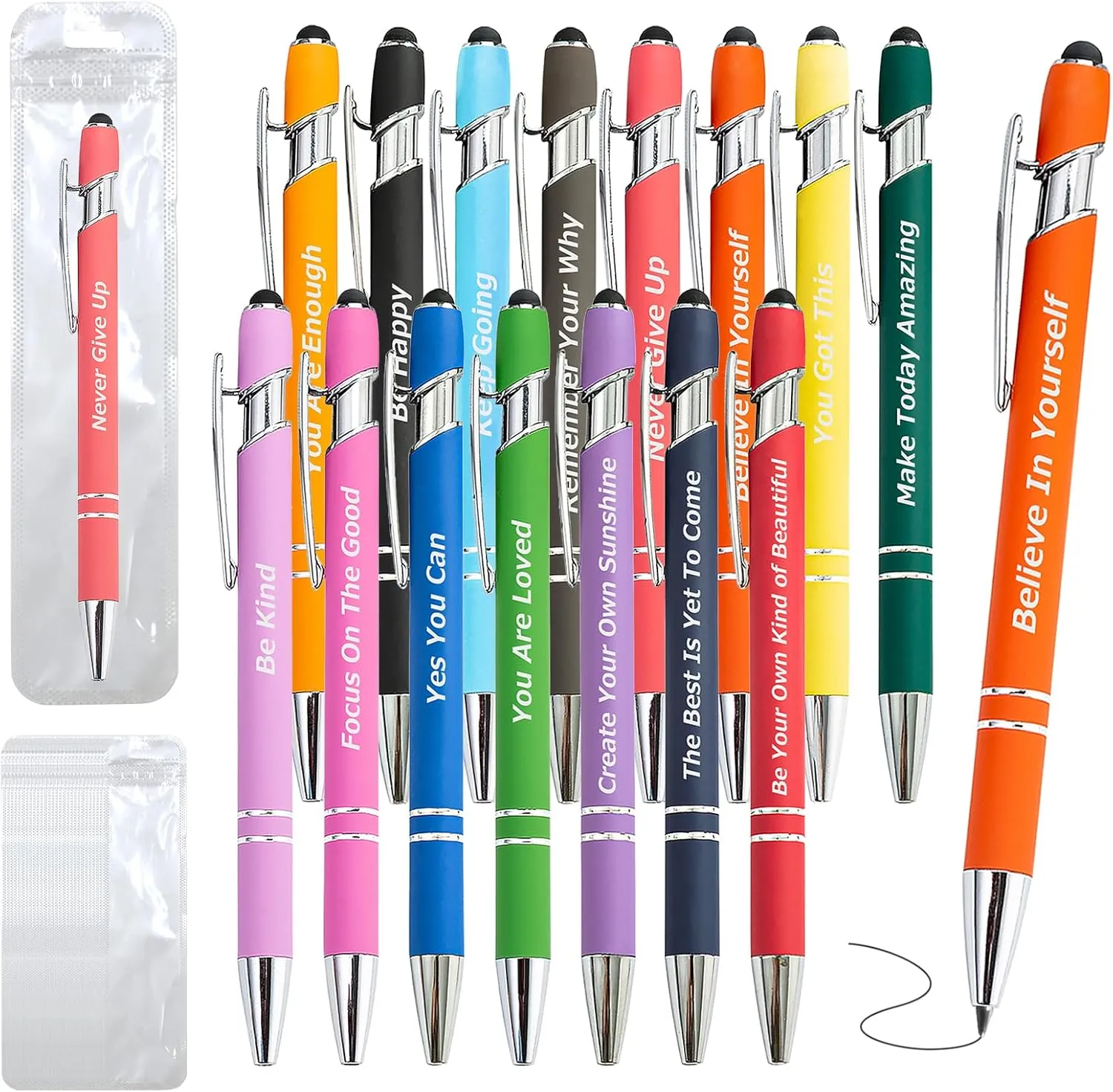 60 Piece Inspirational Pens Kit with Stylus Tip & Sayings – 30 Motivational Pen   30 Individual Bags – Uplifting Quote & Positive Ideas – For Teachers, Office, School, Meetings, Team Events