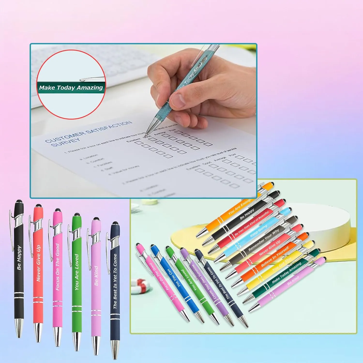 60 Piece Inspirational Pens Kit with Stylus Tip & Sayings – 30 Motivational Pen   30 Individual Bags – Uplifting Quote & Positive Ideas – For Teachers, Office, School, Meetings, Team Events