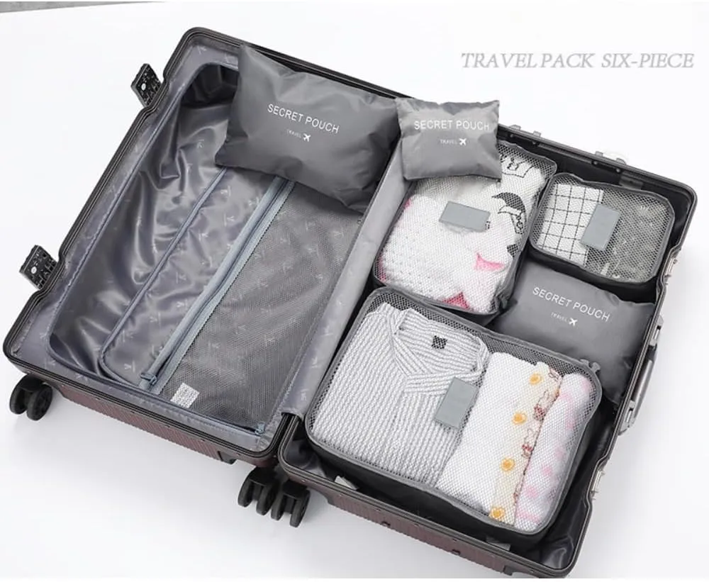 6Pcs/Set Travel Storage Bag Set for Clothes Tidy Organizer Wardrobe Suitcase Pouch Travel Organizer Bag (PINK)