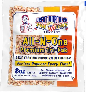 8 oz Popcorn Packs – Pre-Measured, Movie Theater Style, All-in-One Kernel, Salt, Oil Packets for Popcorn Machines by Great Northern Popcorn (40 Case)