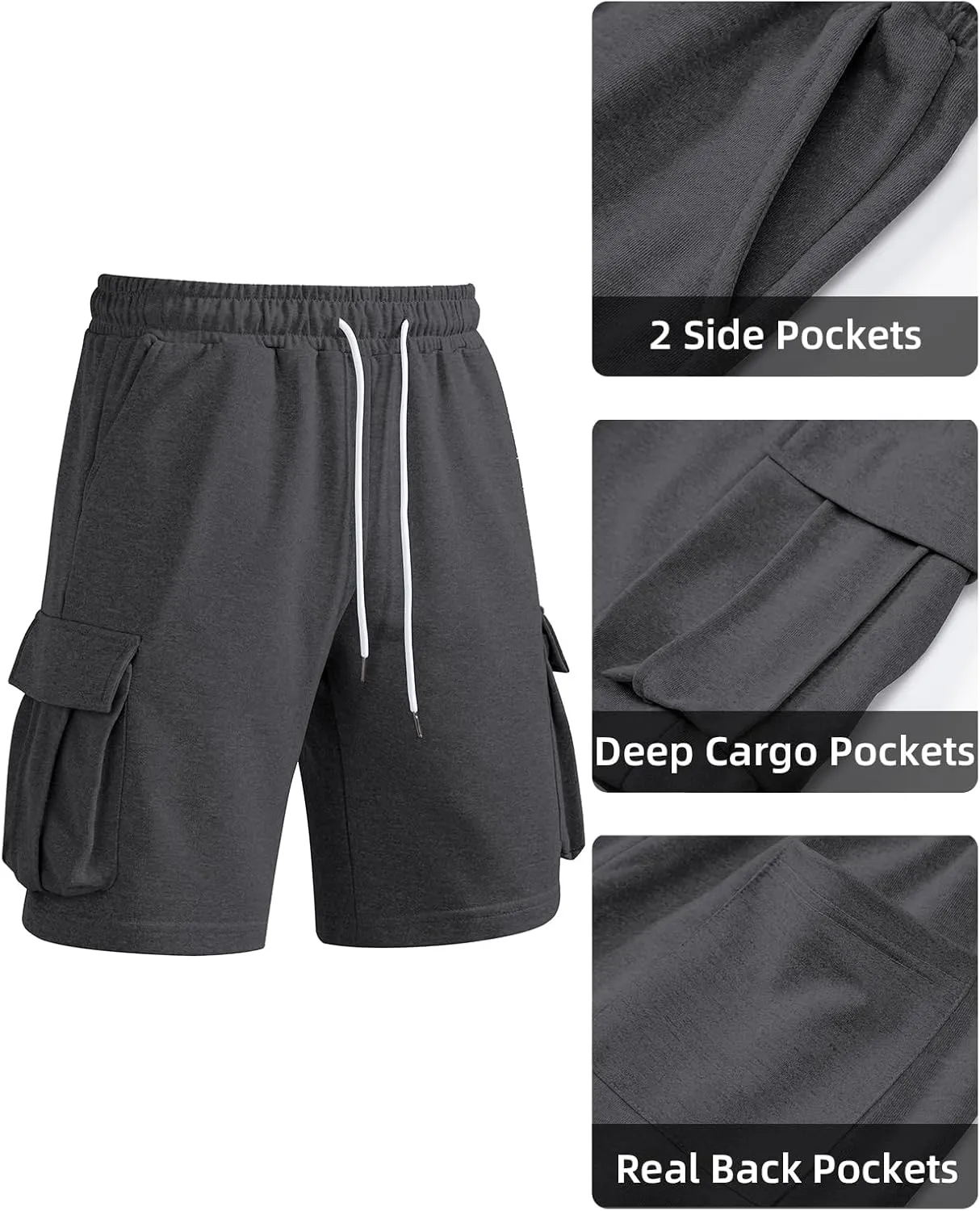 A WATERWANG Men's Cargo Sweat Shorts Casual Drawstring Elastic Waist Athletic Workout Gym Jogger Shorts with 5 Pockets