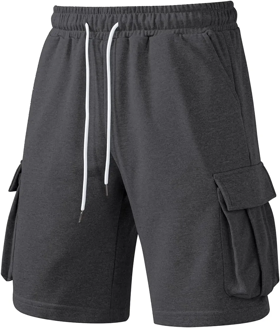 A WATERWANG Men's Cargo Sweat Shorts Casual Drawstring Elastic Waist Athletic Workout Gym Jogger Shorts with 5 Pockets