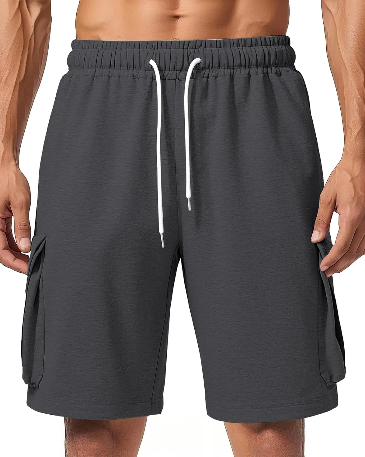 A WATERWANG Men's Cargo Sweat Shorts Casual Drawstring Elastic Waist Athletic Workout Gym Jogger Shorts with 5 Pockets