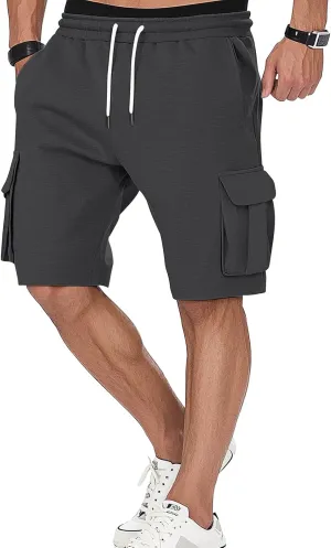 A WATERWANG Men's Cargo Sweat Shorts Casual Drawstring Elastic Waist Athletic Workout Gym Jogger Shorts with 5 Pockets