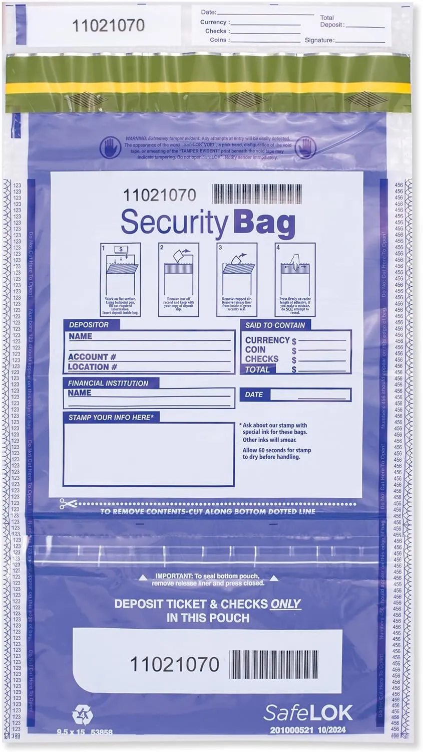 ABC FREEZFraud Dual Pocket Bank Deposit Bags, 9 1/2 x 15", Clear - 100 Bags