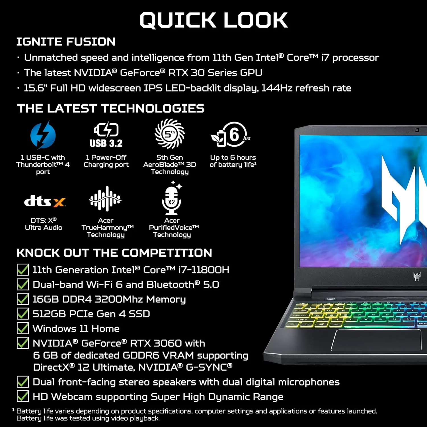 Acer Predator Helios 300 PH315-54-760S Gaming Laptop | Intel i7-11800H | NVIDIA GeForce RTX 3060 GPU | 15.6" FHD 144Hz 3ms IPS Display | 16GB DDR4 | 512GB SSD | Killer WiFi 6 | RGB Keyboard
