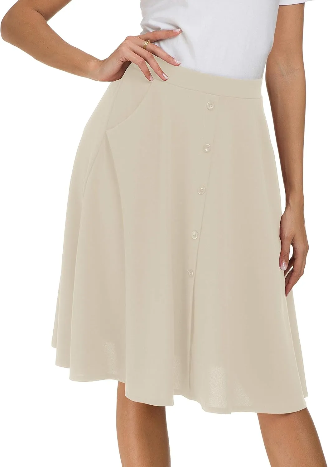Afibi Womens High Waisted A Line Pleated Midi Skirt Button Front Skirts with Pocket