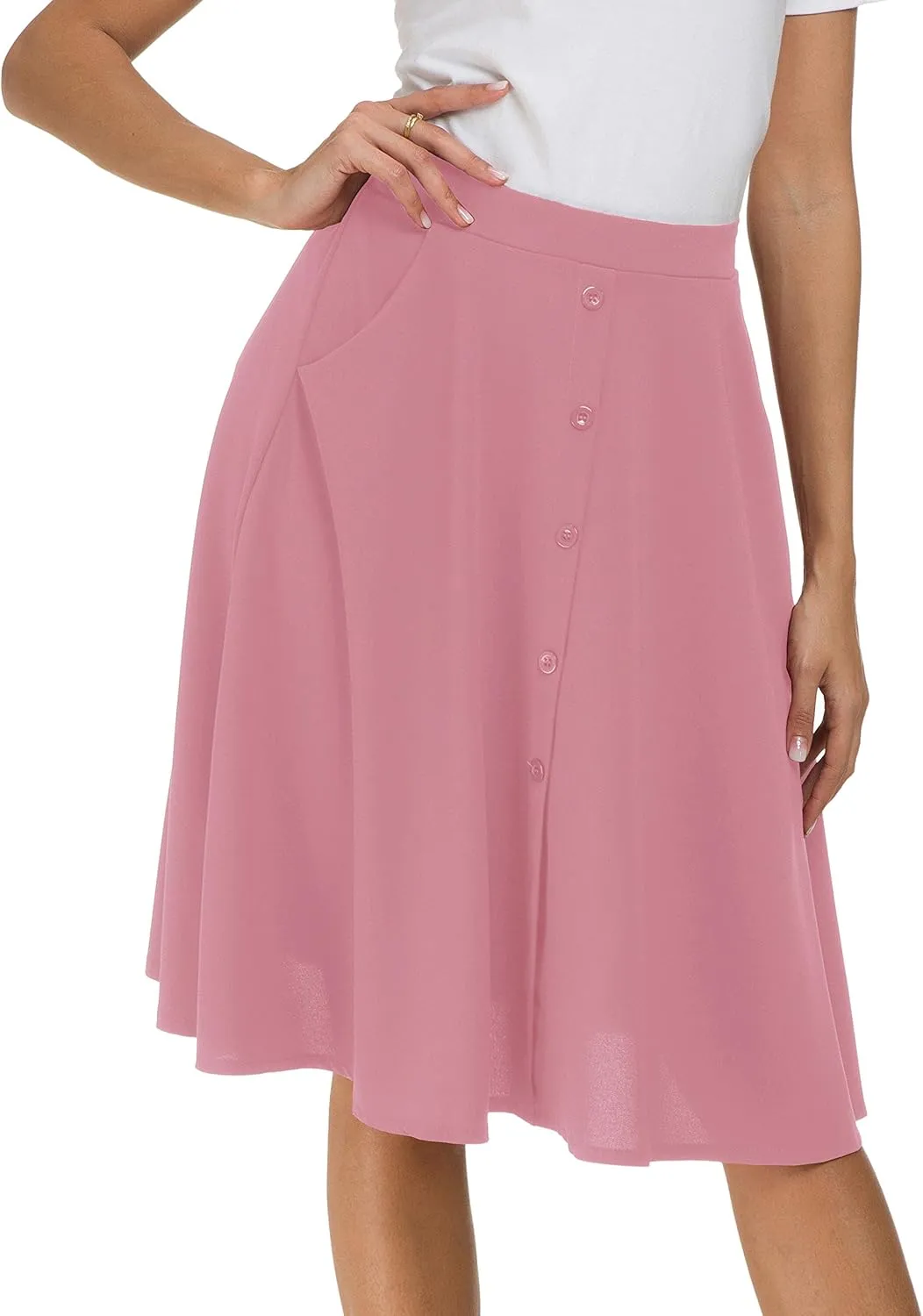 Afibi Womens High Waisted A Line Pleated Midi Skirt Button Front Skirts with Pocket