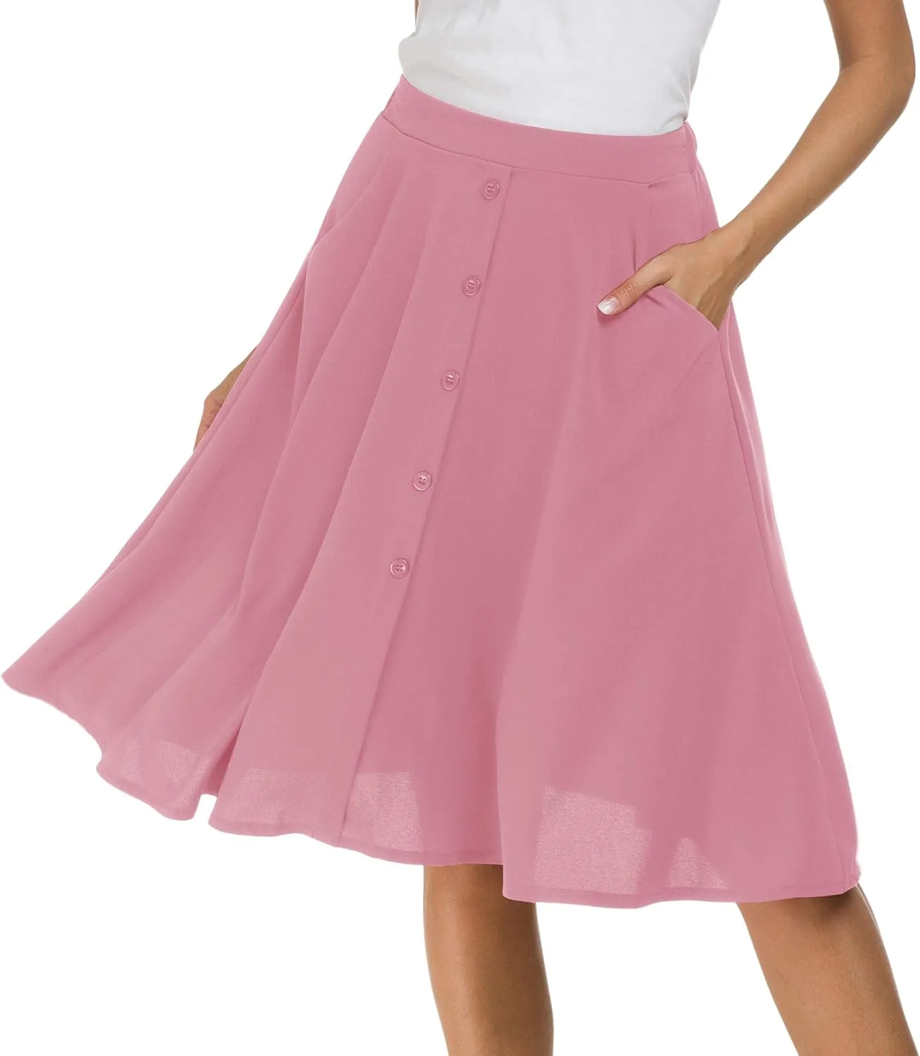 Afibi Womens High Waisted A Line Pleated Midi Skirt Button Front Skirts with Pocket