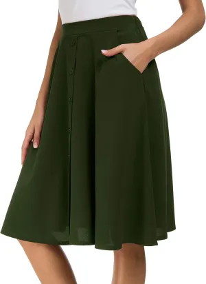 Afibi Womens High Waisted A Line Pleated Midi Skirt Button Front Skirts with Pocket