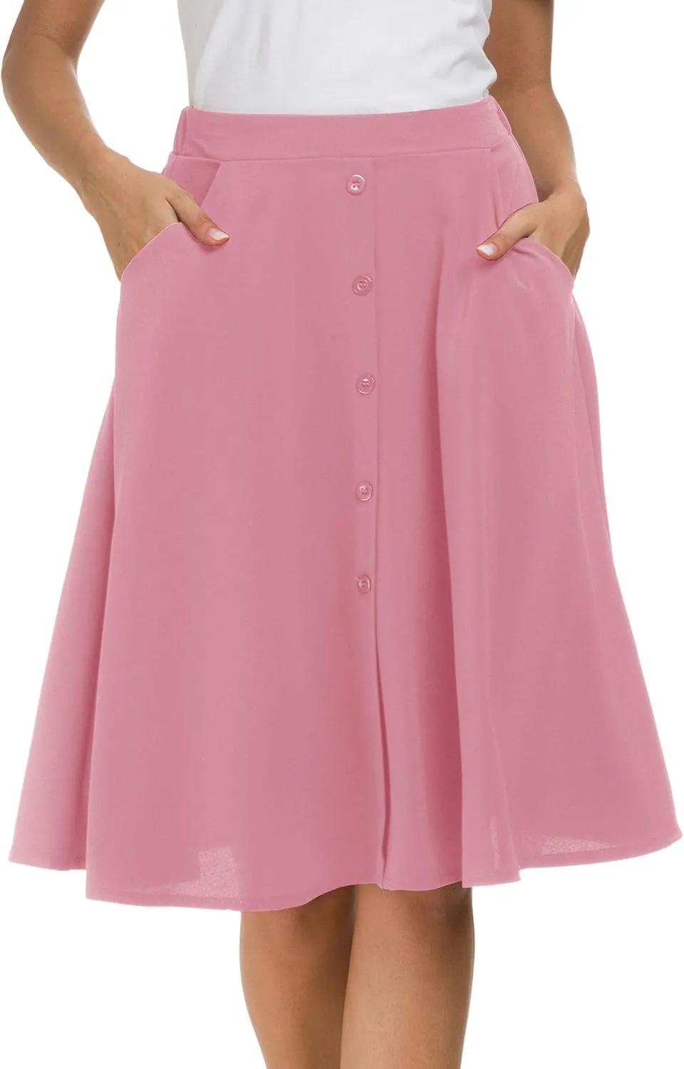 Afibi Womens High Waisted A Line Pleated Midi Skirt Button Front Skirts with Pocket