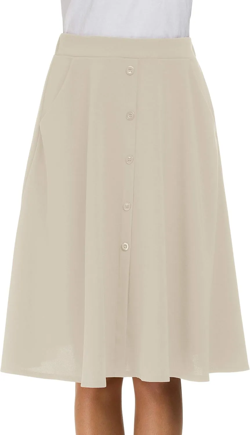 Afibi Womens High Waisted A Line Pleated Midi Skirt Button Front Skirts with Pocket