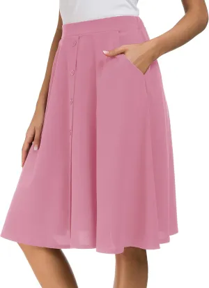 Afibi Womens High Waisted A Line Pleated Midi Skirt Button Front Skirts with Pocket