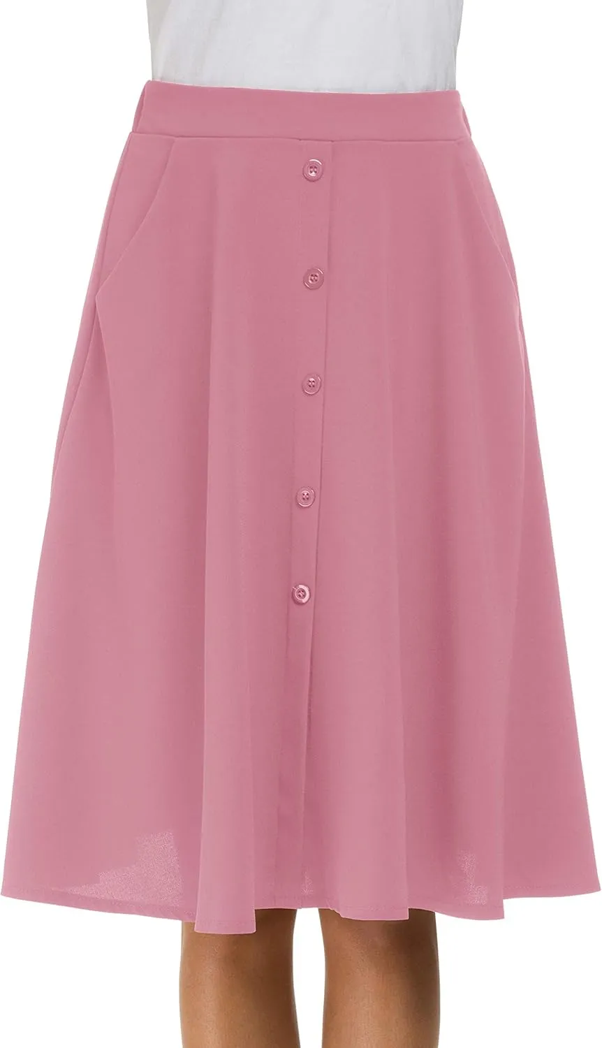 Afibi Womens High Waisted A Line Pleated Midi Skirt Button Front Skirts with Pocket