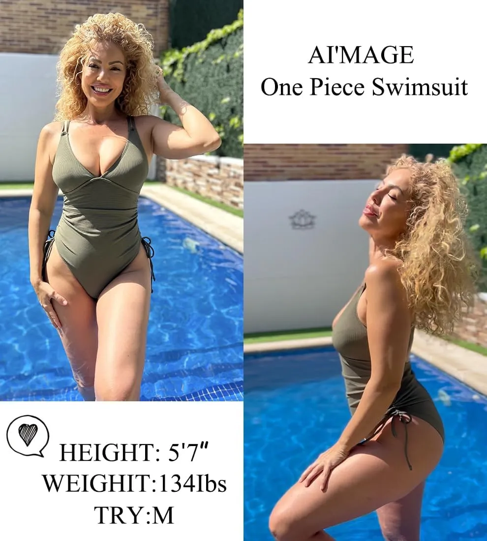 AI'MAGE Women's High Cut One Piece Swimsuit Ruched Tummy Control Swimsuits Ribbed Tie Side Bathing Suits